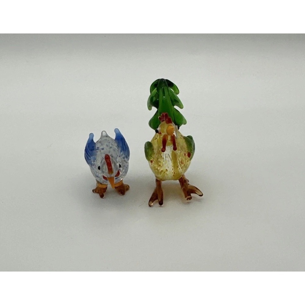Set of 2 Vintage Lenox Miniature Hand Blown Art Glass Chickens Rooster Ruckus